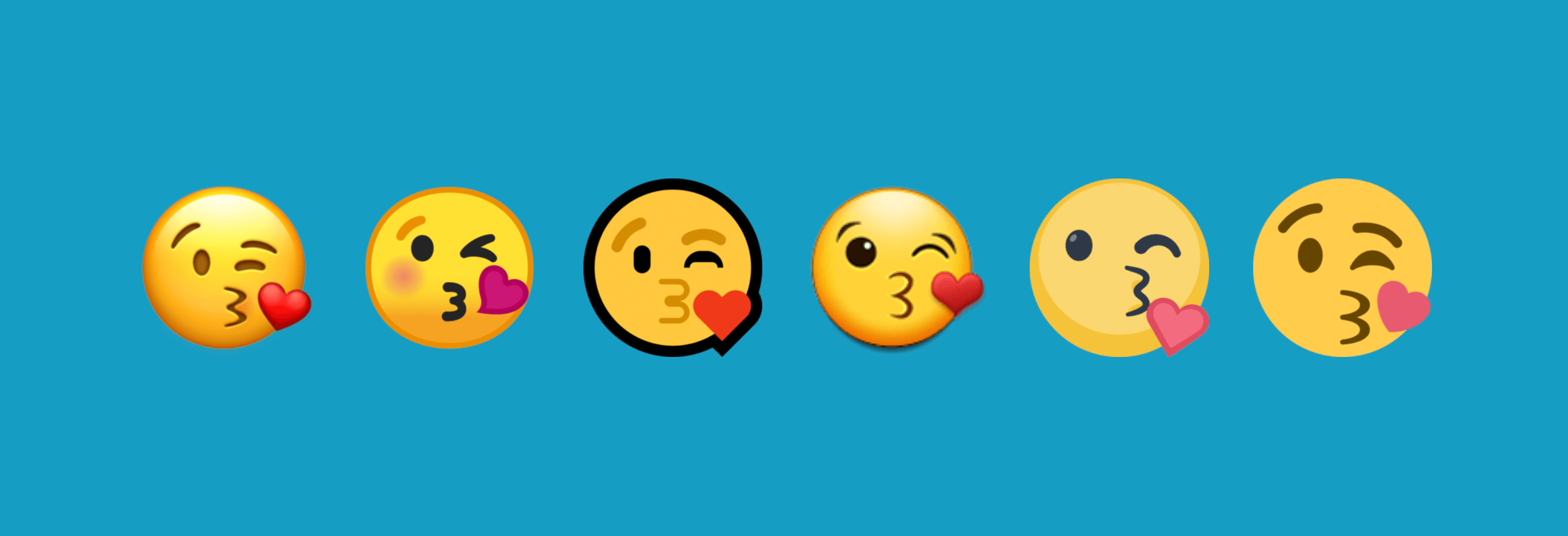 The different emoji designs across platforms (l. to r.): Apple, Google, Microsoft, Samsung, Facebook, Twitter